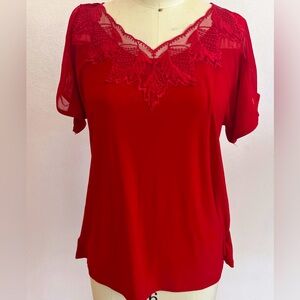 Emma & Olive - Pre-Owned Red top with see-through shoulder and back yoke. Size M